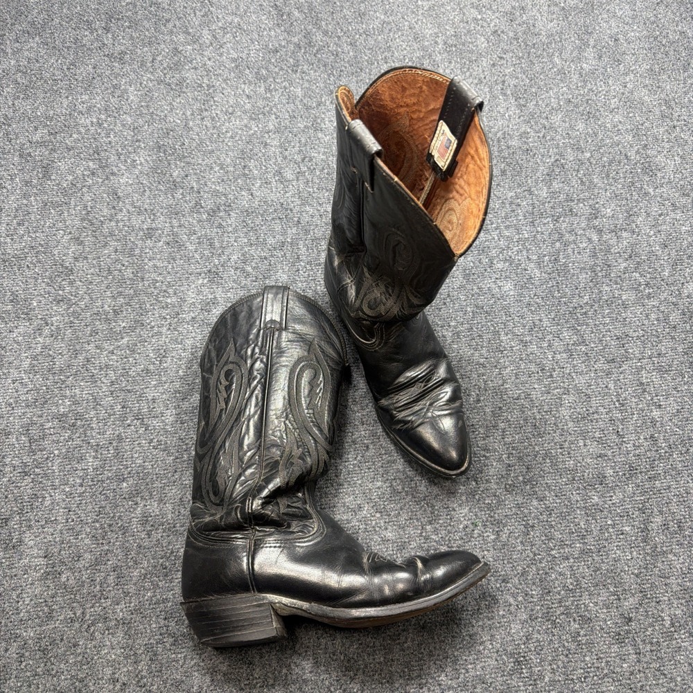 Vintage Nocona Black Leather Western Cowboy Boots Mens 7.5 Pointed Toe Made USA